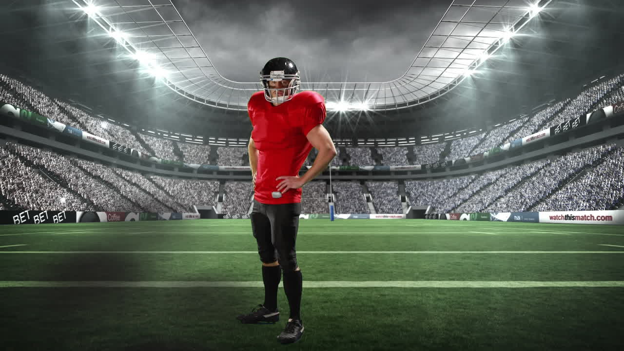 스포츠 경기장 위의 아메리칸  ⁇ 볼 선수의 애니메이션