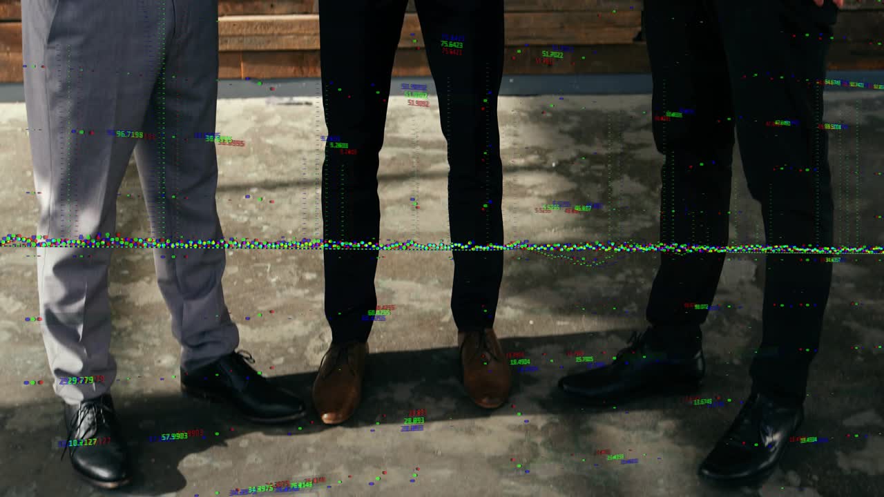 Three men holding tablet and reviewing as overlay rising revealing terminal logs and globe for tech