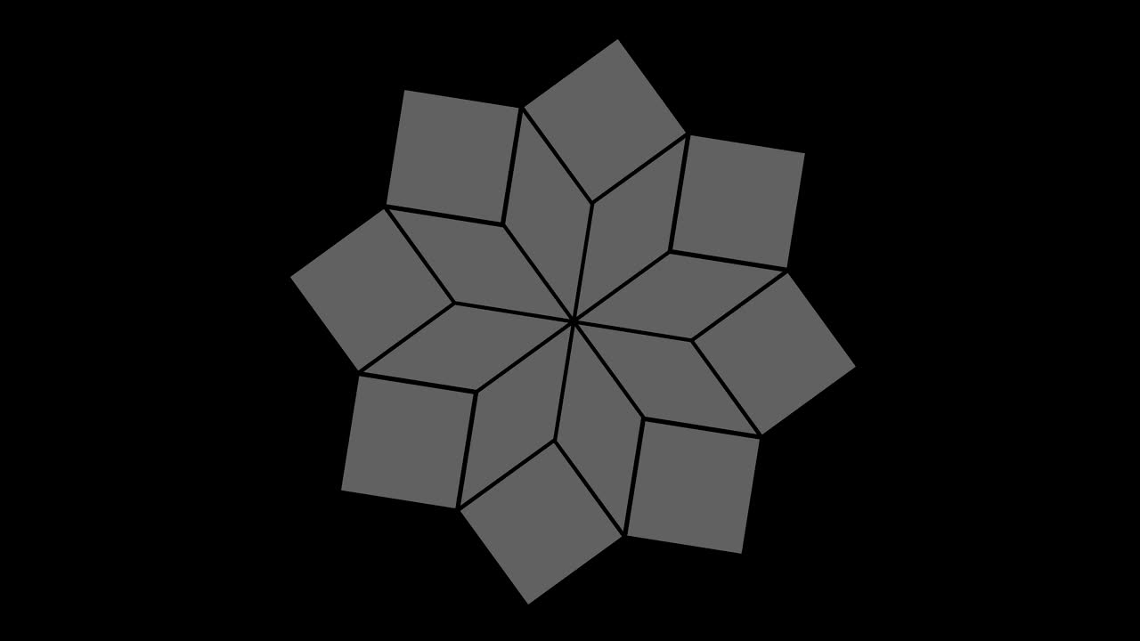 16:9 영상 형식으로 풀 스크린에서 중앙으로 사라지는 크기를 줄여 시계 방향으로 회전하는 스트로보스코픽 및 최면 효과를 가진 흑백 그래픽 객체