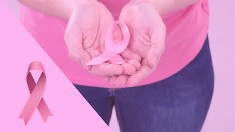 animation of pink breast cancer ribbon over caucasian woman