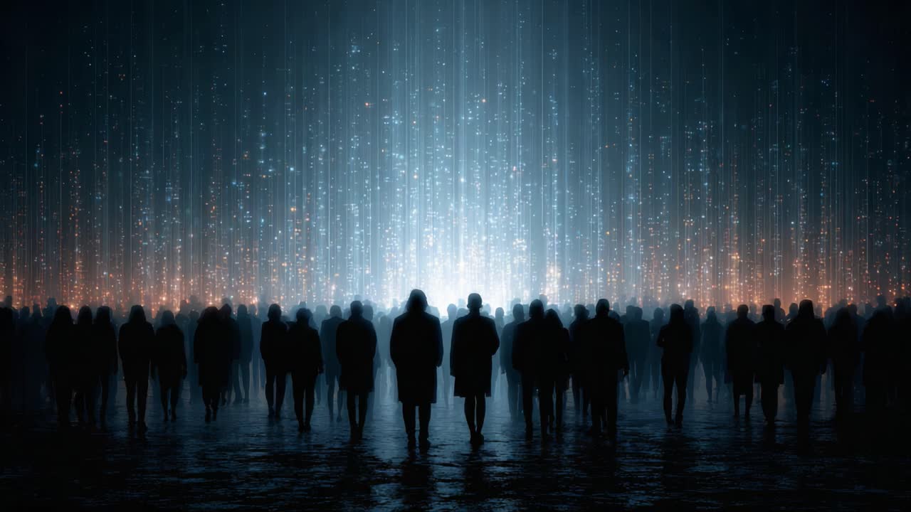A mesmerizing scene of silhouetted figures standing together amidst shimmering lights and cascading particles, collectively experiencing a captivating moment of awe and wonder