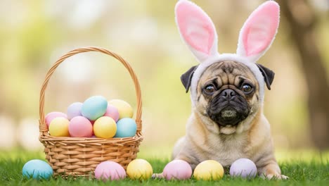 a playful pug in bunny ears surrounded by colorful easter eggs and a basket on a sunny day in a beautiful garden setting