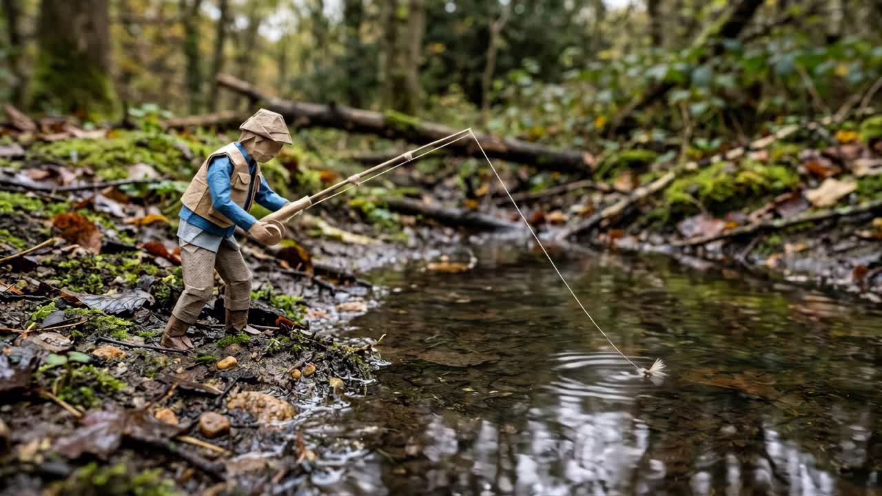 Origamifiskare kastar lina i en skogsbäck