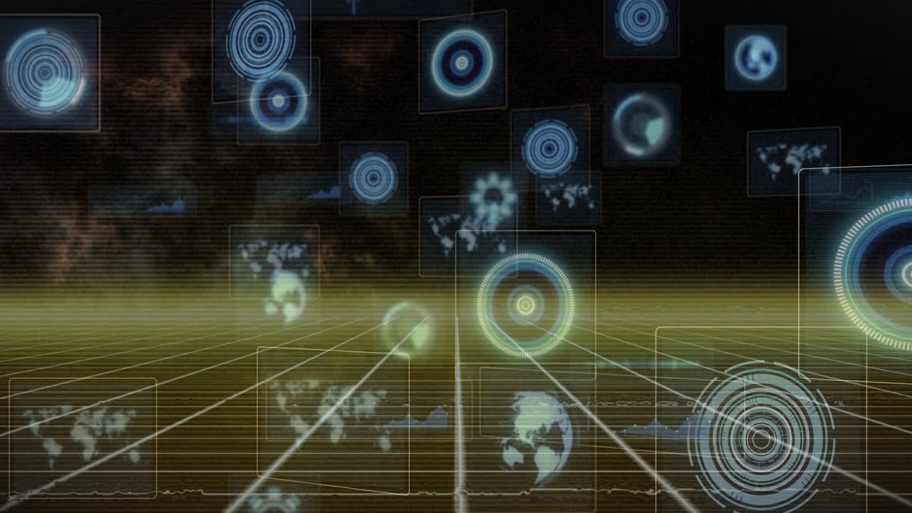 Animation of futuristic digital interface with glowing circular patterns in school