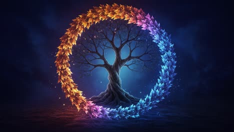 a mystical tree surrounded by an ethereal circular array of vibrant leaves, transitioning from golden to blue in a dreamlike night setting