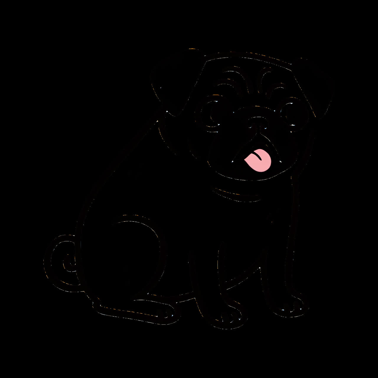 Illustrazione animata di un simpatico carlino a cartone animato, asset isolato, video 4K trasparente, canale alpha, ProRes