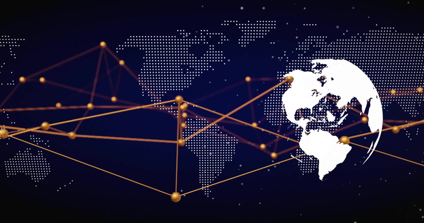 Dots forming map leading golden nodes connecting regions, white 3D globe spinning showing network