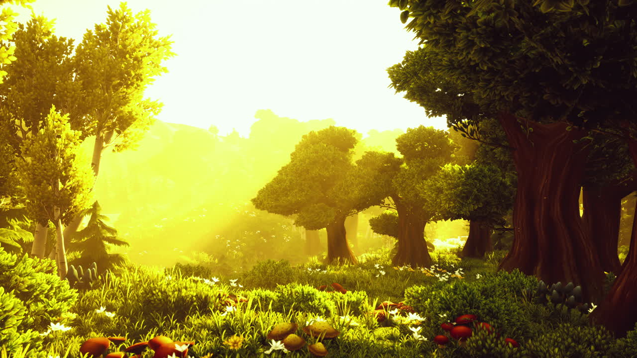 мультфильм цветущий зеленый лес на закате