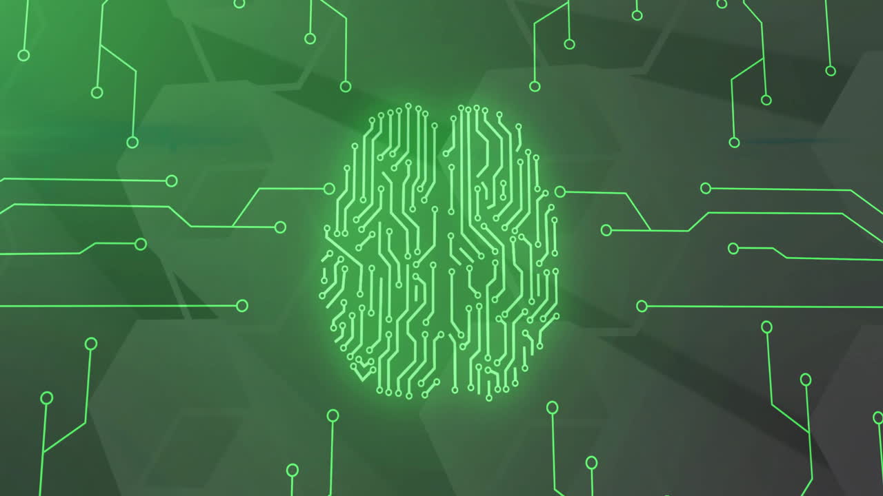 Animation of digital data processing over computer circuit board and ai brain