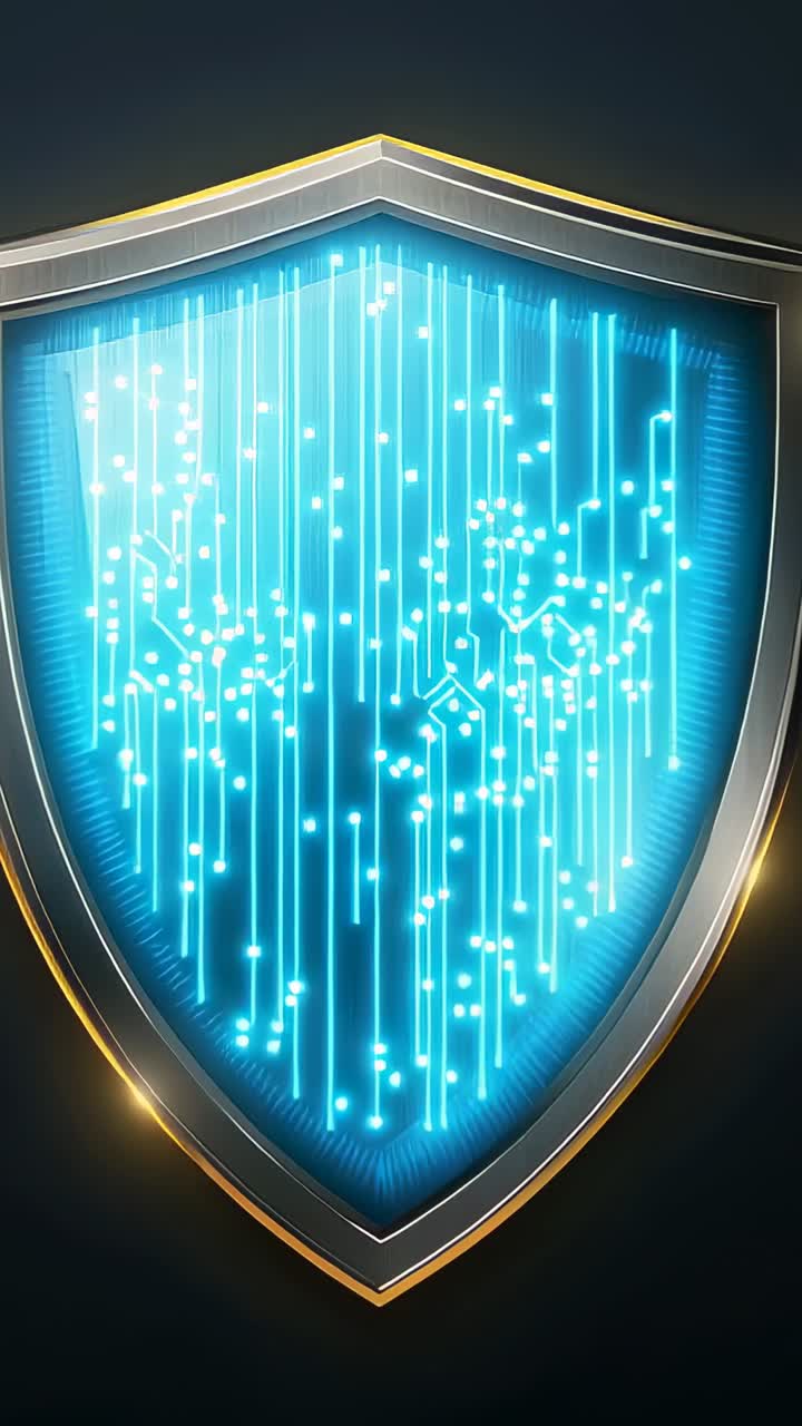 Vertical video: Cyan dots sparking shield streaming nodes, rim gleaming on dark, powering field
