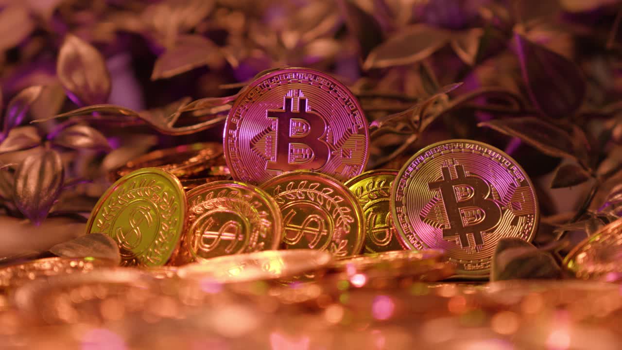 Scene of a Bitcoin with colorful coins reflecting light, illustrating the vibrant and constantly evolving nature of cryptocurrency and the digital economy.