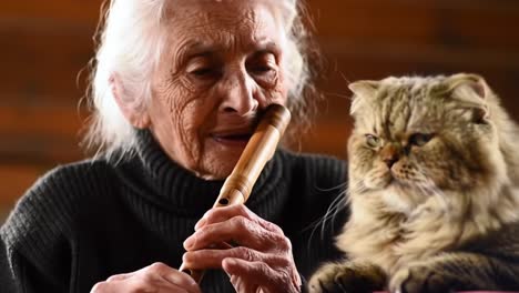 an endearing moment between an elderly woman and her cat as she plays a wooden flute, capturing the harmony of music and companionship in a warm setting