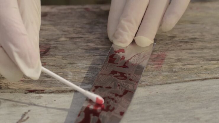 Forensic scientist gathers blood sample evidence at crime scene