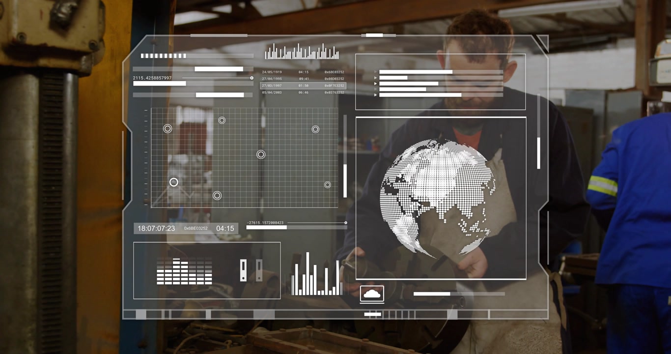 Translucent HUD updating globe, charts causing centered tech inspecting part in shop verifying fit