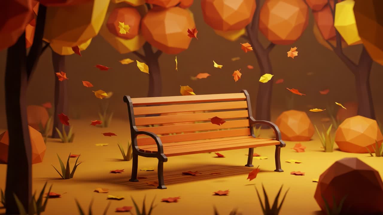 A Tranquil Autumn Scene Featuring a Park Bench Surrounded by Colorful Leaves and Trees in a Beautifully Crafted Low-Poly Environment
