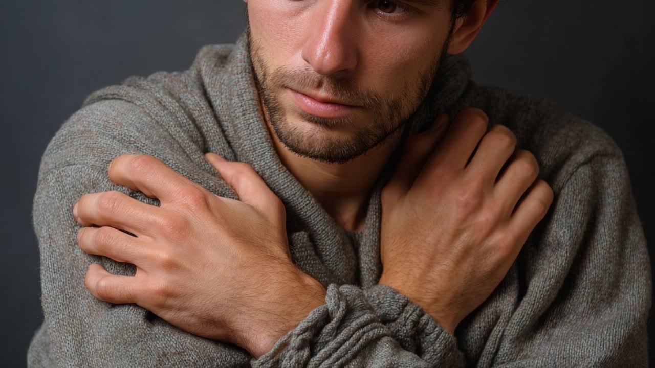 Un uomo contemplativo con un maglione grigio e le braccia incrociate esprime profonde emozioni, mostrando vulnerabilità e introspezione in un ambiente cupo