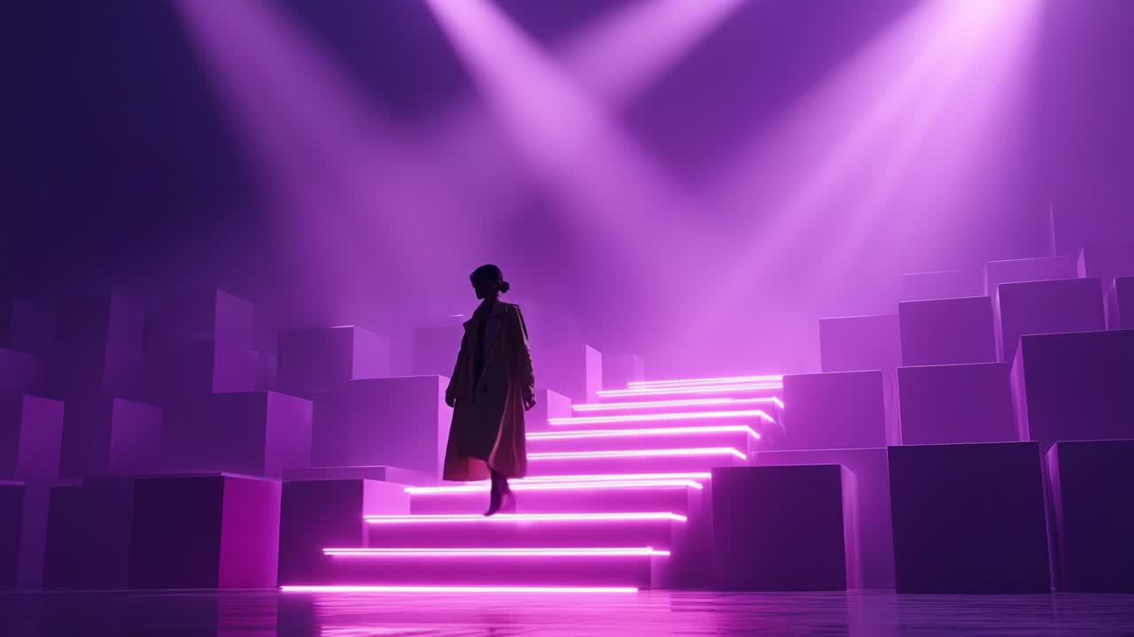 A woman descends a neon-lit staircase in a futuristic cityscape