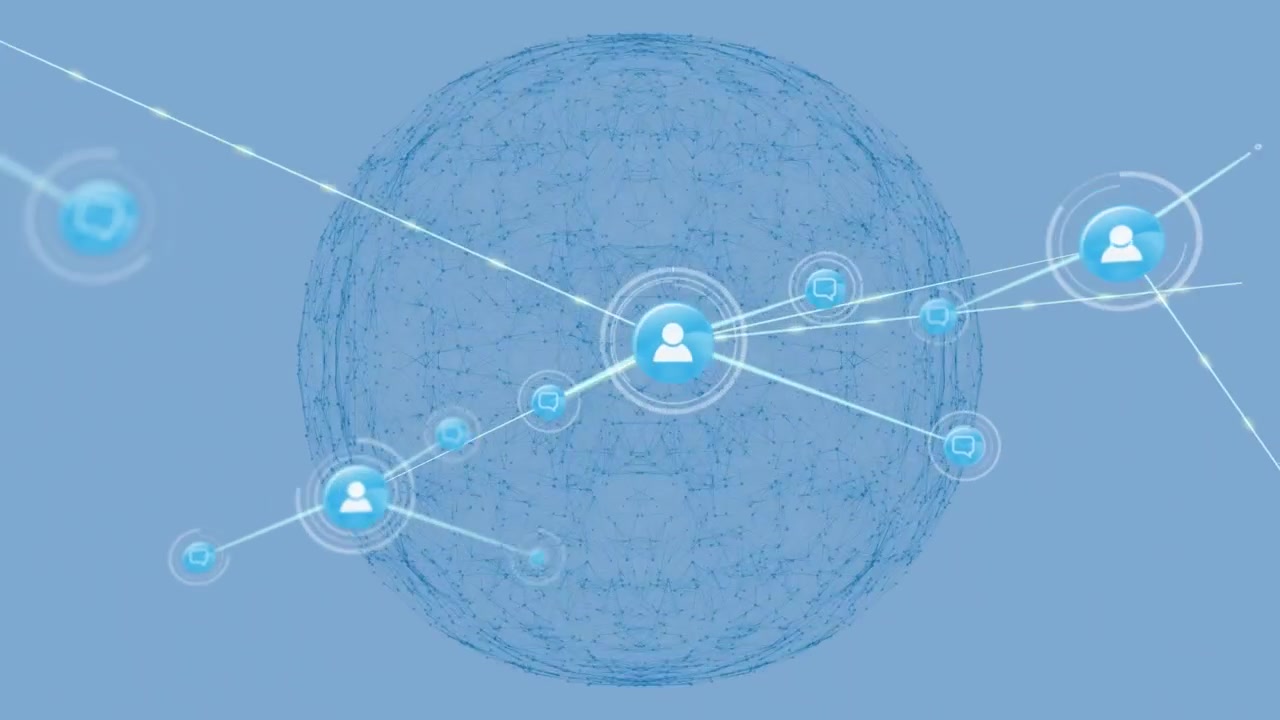 Animation of network of connections with icons over shapes on white background