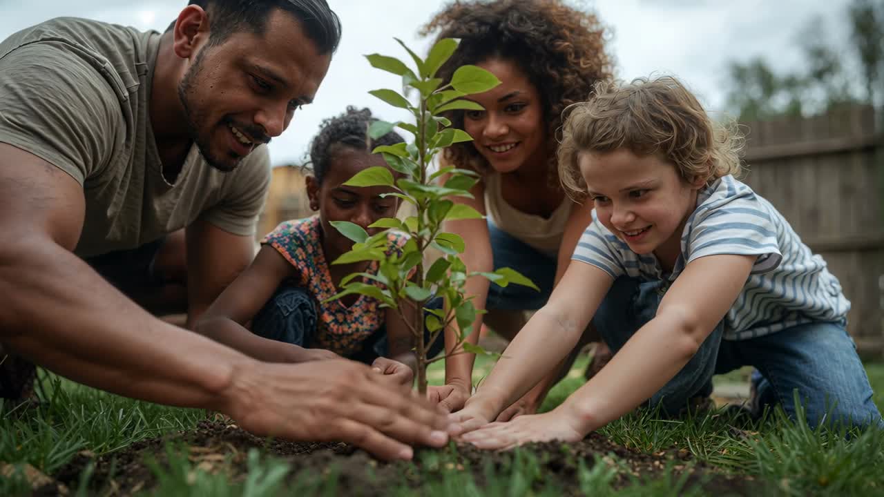 Placing sapling, father guiding children pressing soil with hands in backyard to secure roots