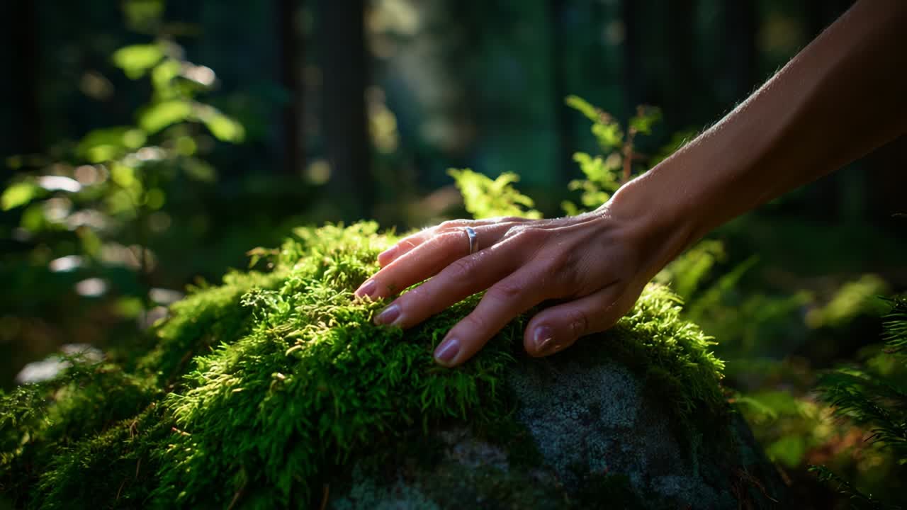 A hand gently touches a lush green moss-covered rock in a serene forest environment, surrounded by soft sunlight filtering through the trees, creating a peaceful and calming atmosphere