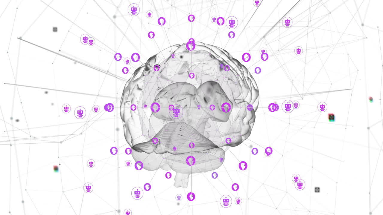 animación del procesamiento de datos e íconos sobre el giro del cerebro digital