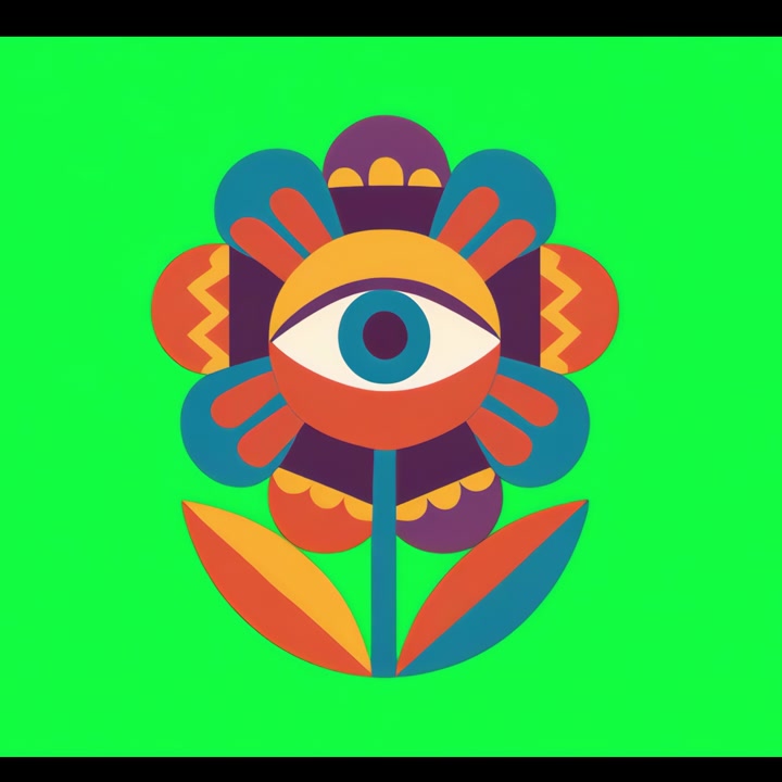 Animated Stylized Flower with Blinking Eye on Green Background