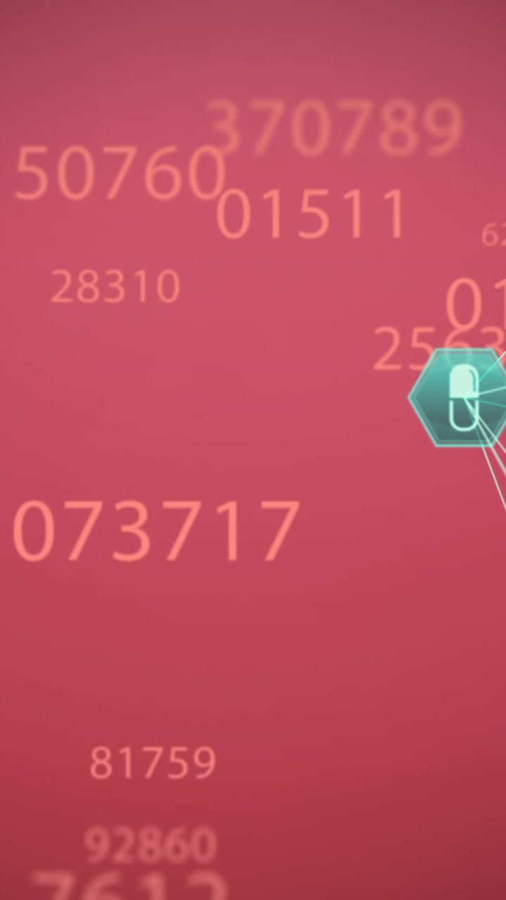 Animazione di numeri che cambiano e globi di icone mediche in rotazione su sfondo rosa.