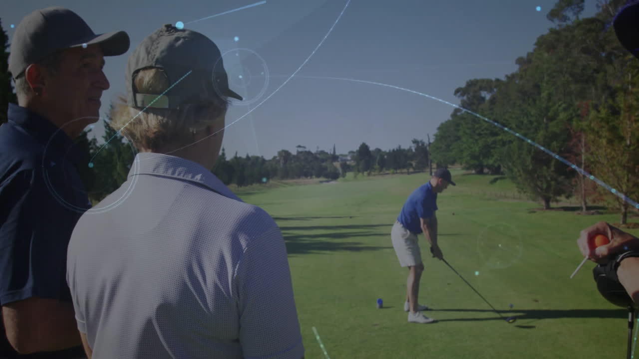 Mature adult man swinging golf club on fairway, with animated sports data icons and trajectory line