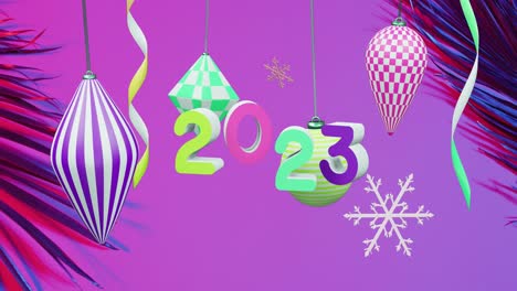 Animation-of-2023-text-and-christmas-decorations-in-background