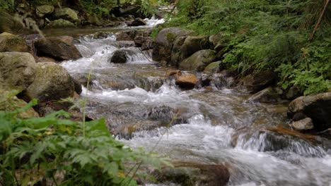 Static-shot-of-crystal-clear-mountain-stream-rocky-waters-flowing-rapidly-into-the-forest-in-4K