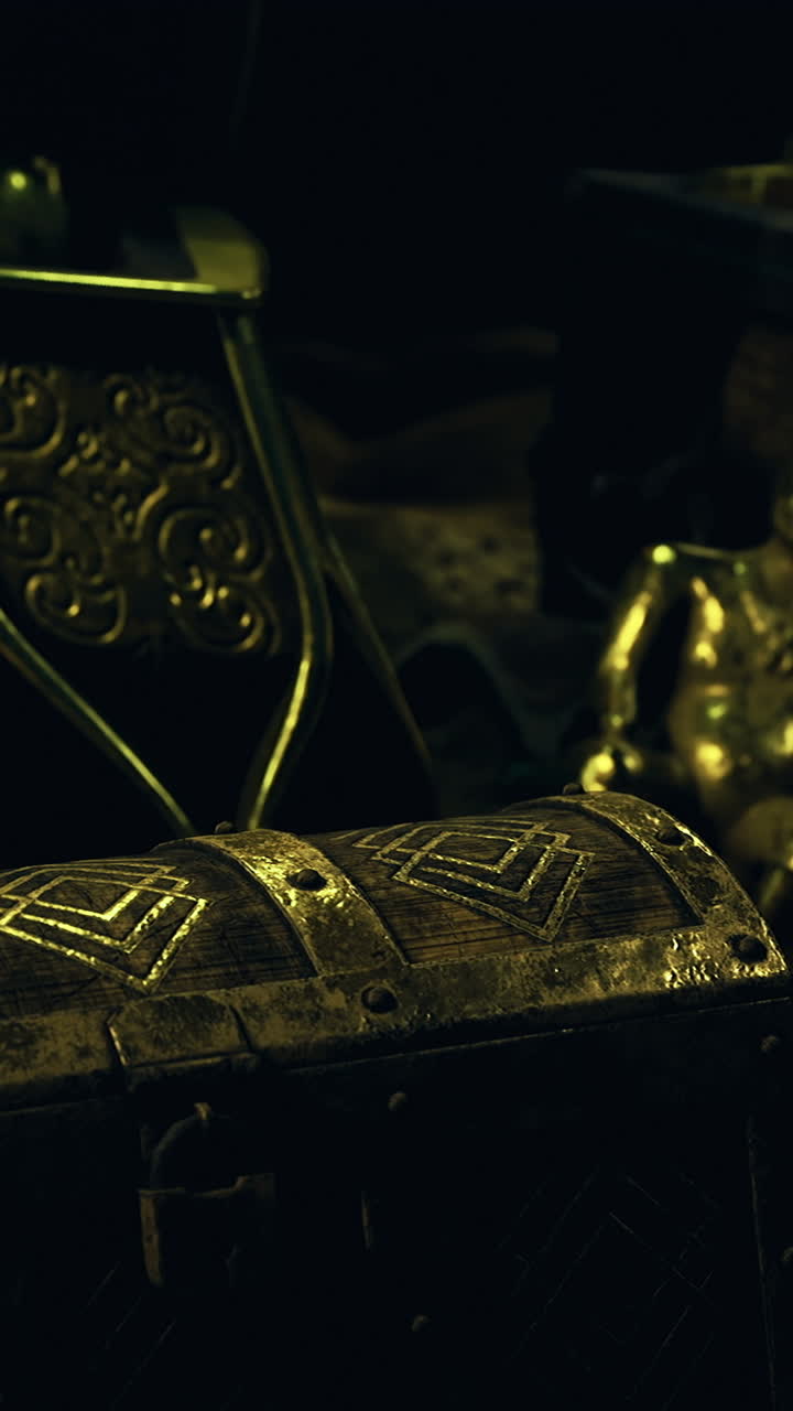 Treasure trove filled with ancient artifacts and gold coins in a dark chamber