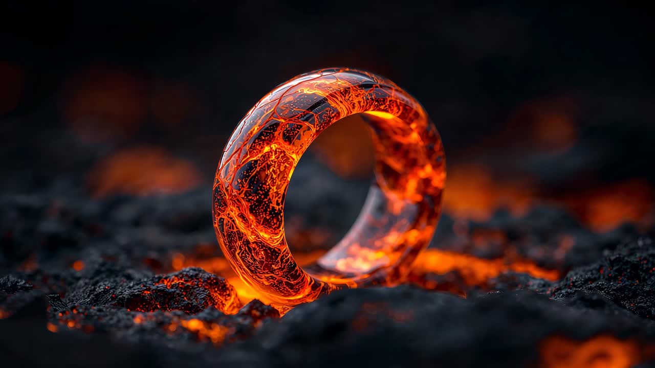 Spinning molten ring revealing glowing veins on volcanic rock, glowing fissures radiating warmth