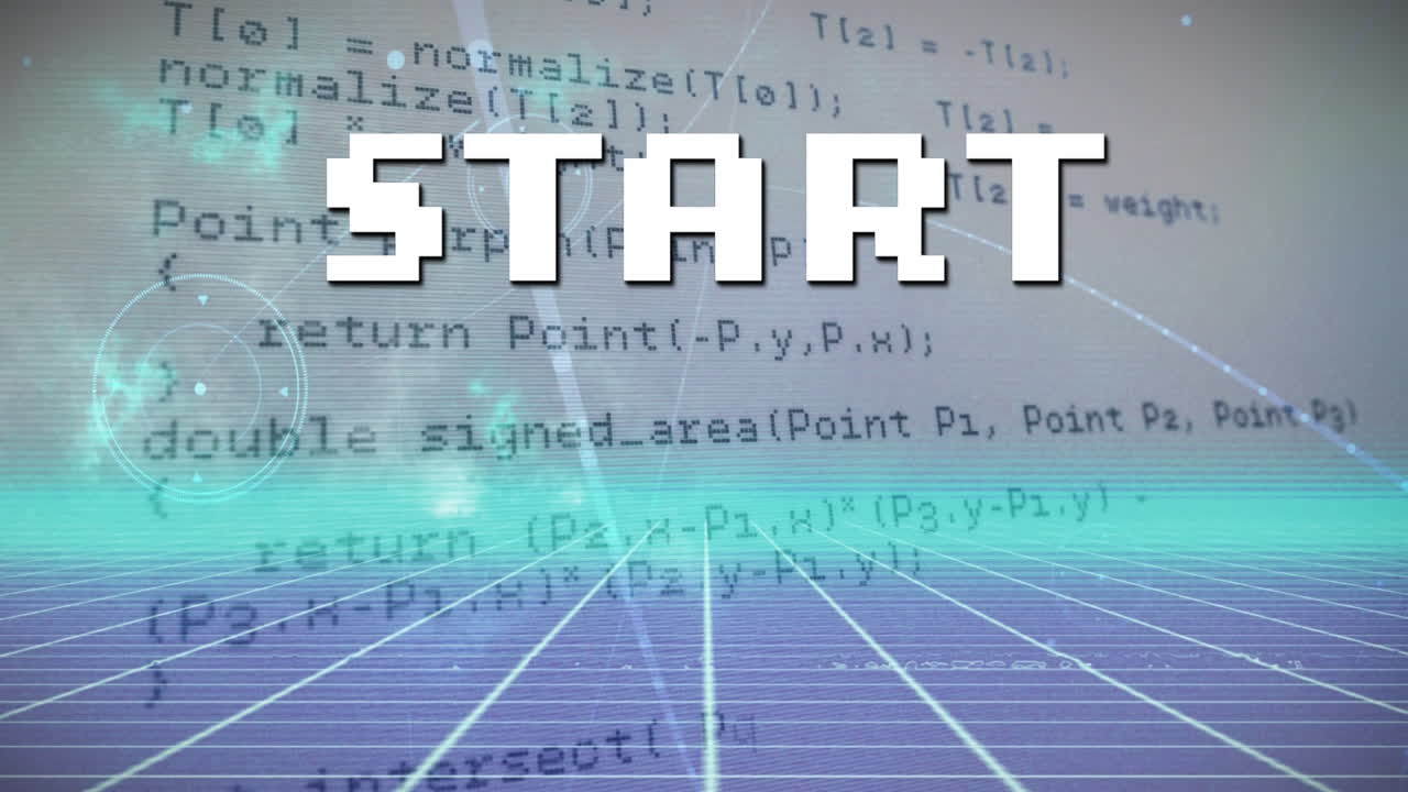 Animation of start text over data processing and metaverse