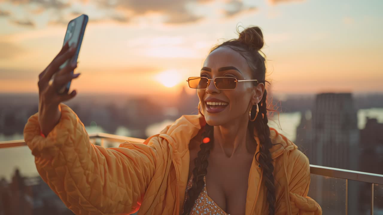 Giovane donna sicura di sé in abbigliamento streetwear alla moda che filma un video selfie su una terrazza panoramica all'ora d'oro, sorridente contro uno skyline moderno sfocato e un fiume nella calda luce del tramonto.