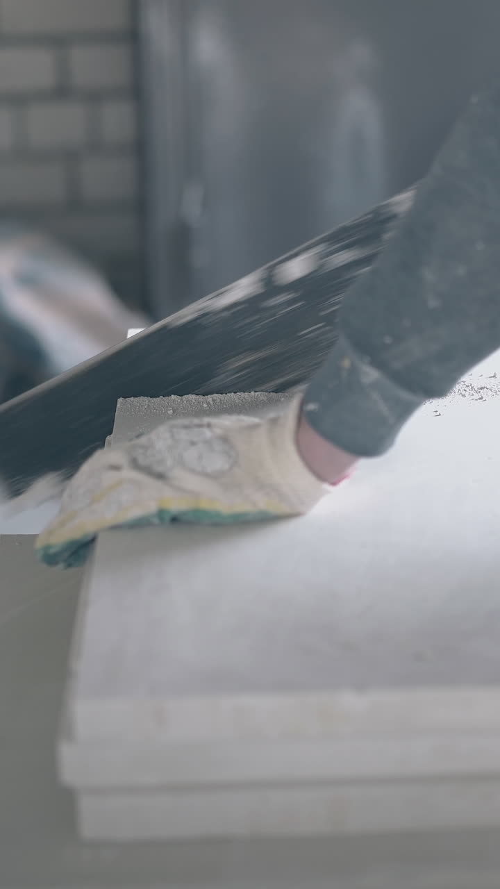 skilled repairman in special gloves holds big saw and starts cutting white gypsum plasterboard put on table close view