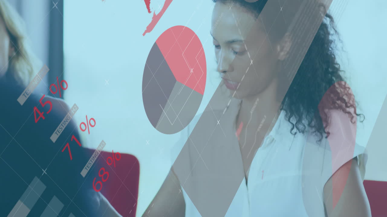 Animation of financial data processing over diverse colleagues discussing work in office