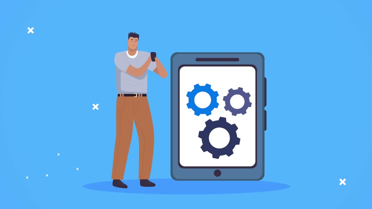 hombre de negocios con engranajes en teléfono inteligente