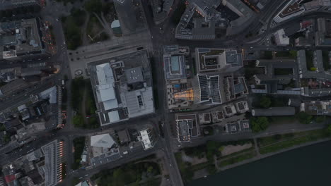 AERIAL:-Incredible-Overhead-Top-Down-Shot-of-Frankfurt-am-Main,-Germany-City-Center-Skyline-with-little-Traffic-Streets-due-to-Coronavirus-Covid-19-Pandemic