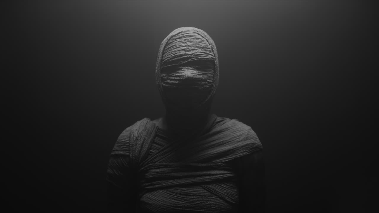 A mummy of a woman on a dark backdrop slowly rises her head