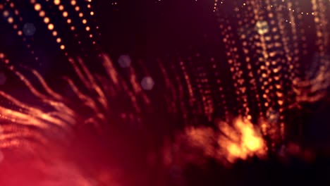 la animación de bucle de renderizado 3d de las partículas de brillo forma líneas oscilantes como guirnalda oscilante como fondo festivo o fondo abstracto de partículas con profundidad de campo y bokeh como bucle vj. oro rojo 2