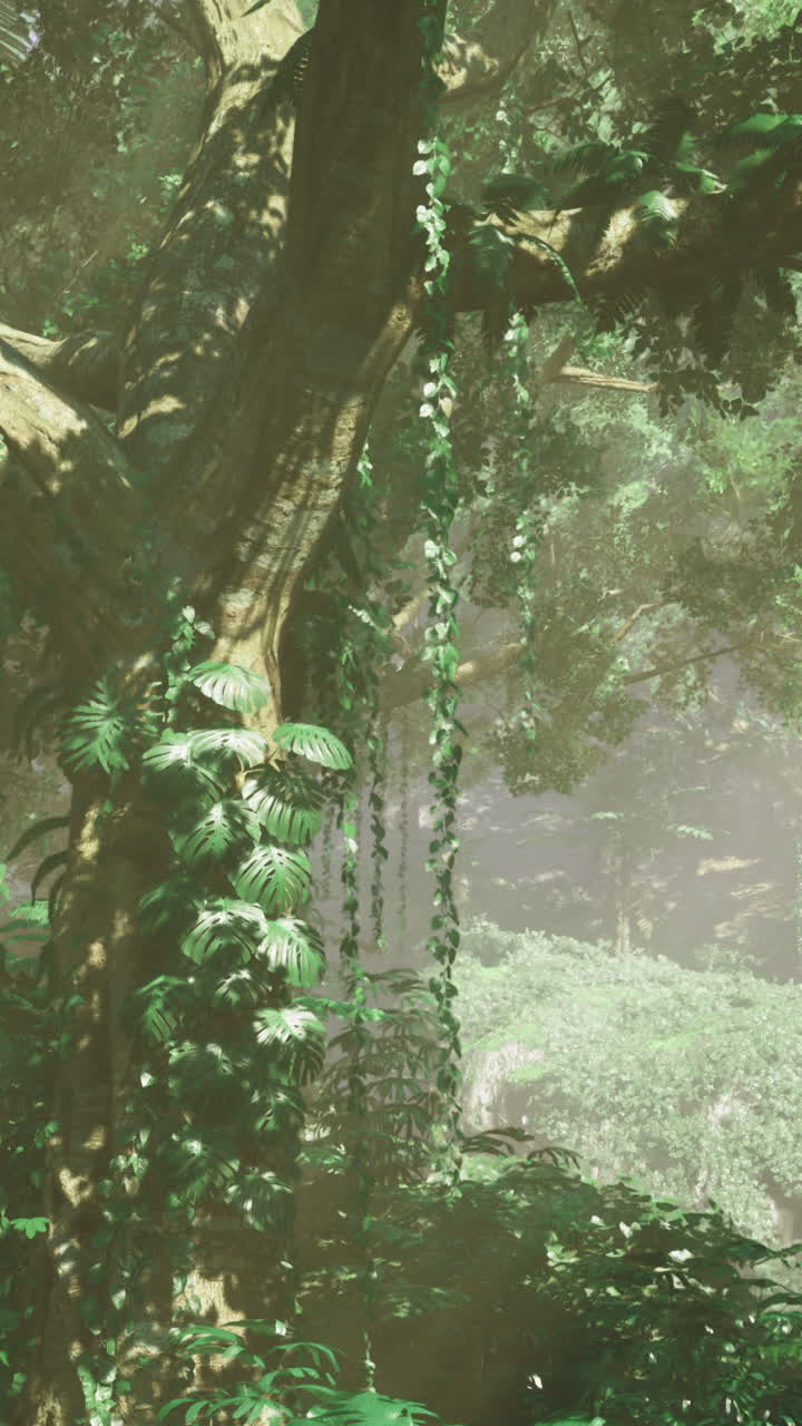 Lush tropical forest with vibrant greenery and sunlight filtering through