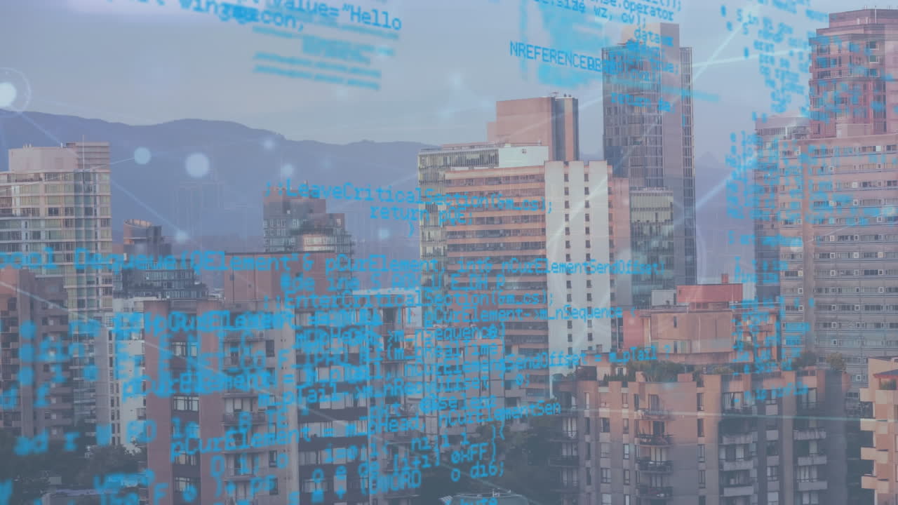 도시 풍경에 대한 연결 네트워크와 데이터 처리의 애니메이션