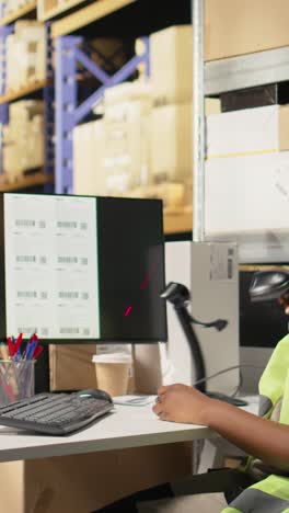 vertical video black warehouse assistant register tracking info on tags with scanner
