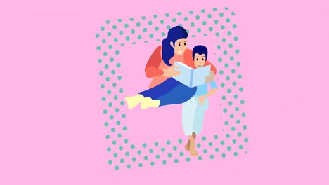 composition of family embracing on pink background