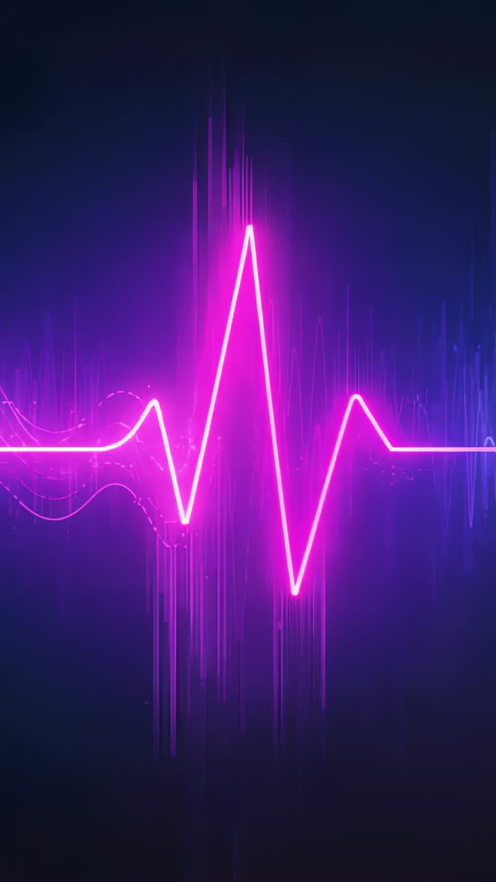 Vertical video: Pulsing neon wave starting at magenta peak, shifting on dark canvas as audio meter