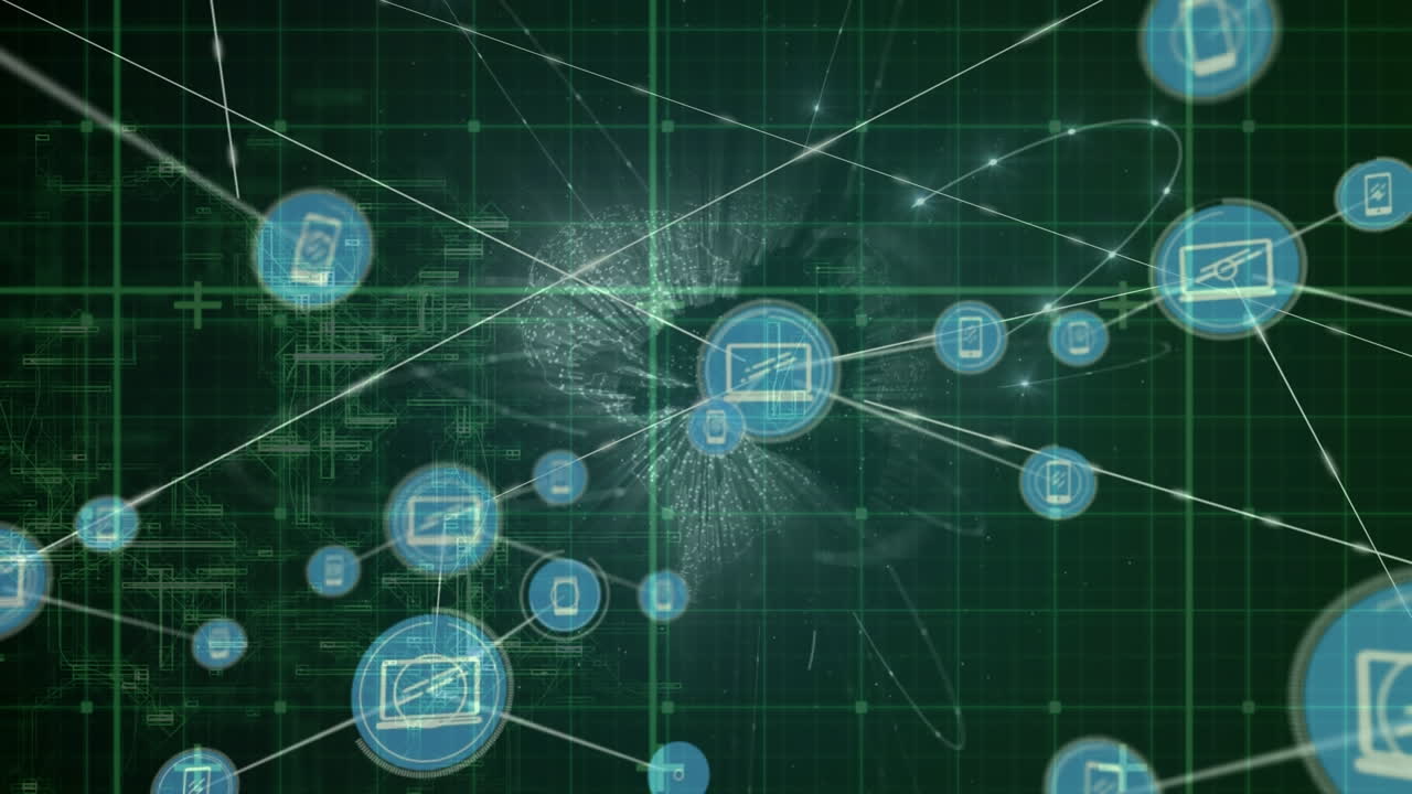 animación de la red de conexiones con iconos en todo el mundo y procesamiento de datos en fondo negro
