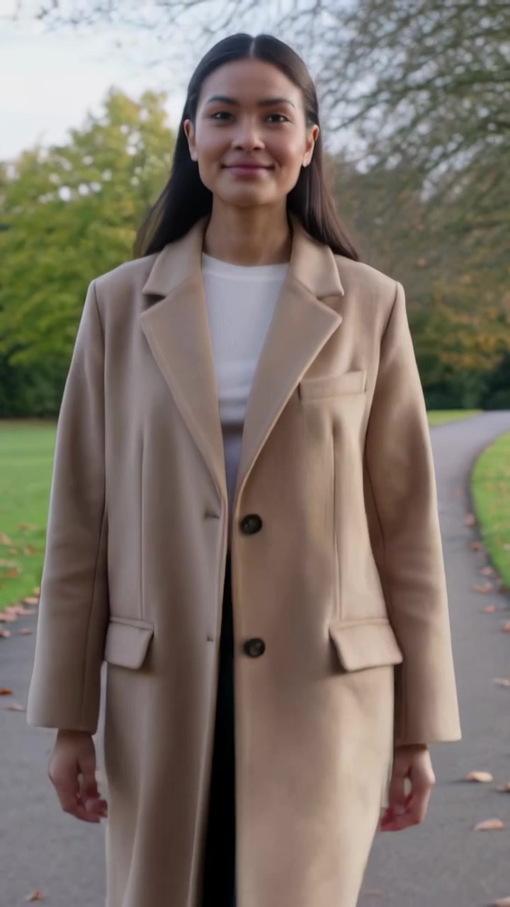 Video verticale: Zoom indietro da una tasca del cappotto, donna in posa nel parco, che indossa un cappotto color cammello per un ritratto.