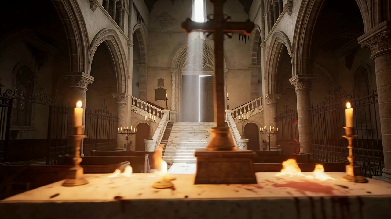 Eine sich bewegende Kamera nähert sich einem Altar mit Kreuz im gotischen Kirchenschiff und hebt Wachsflecken hervor.
