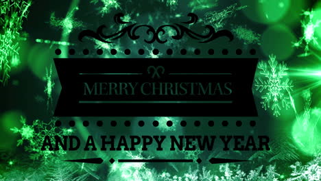 merry christmas and happy new year text banner against snowflakes and green spots of light