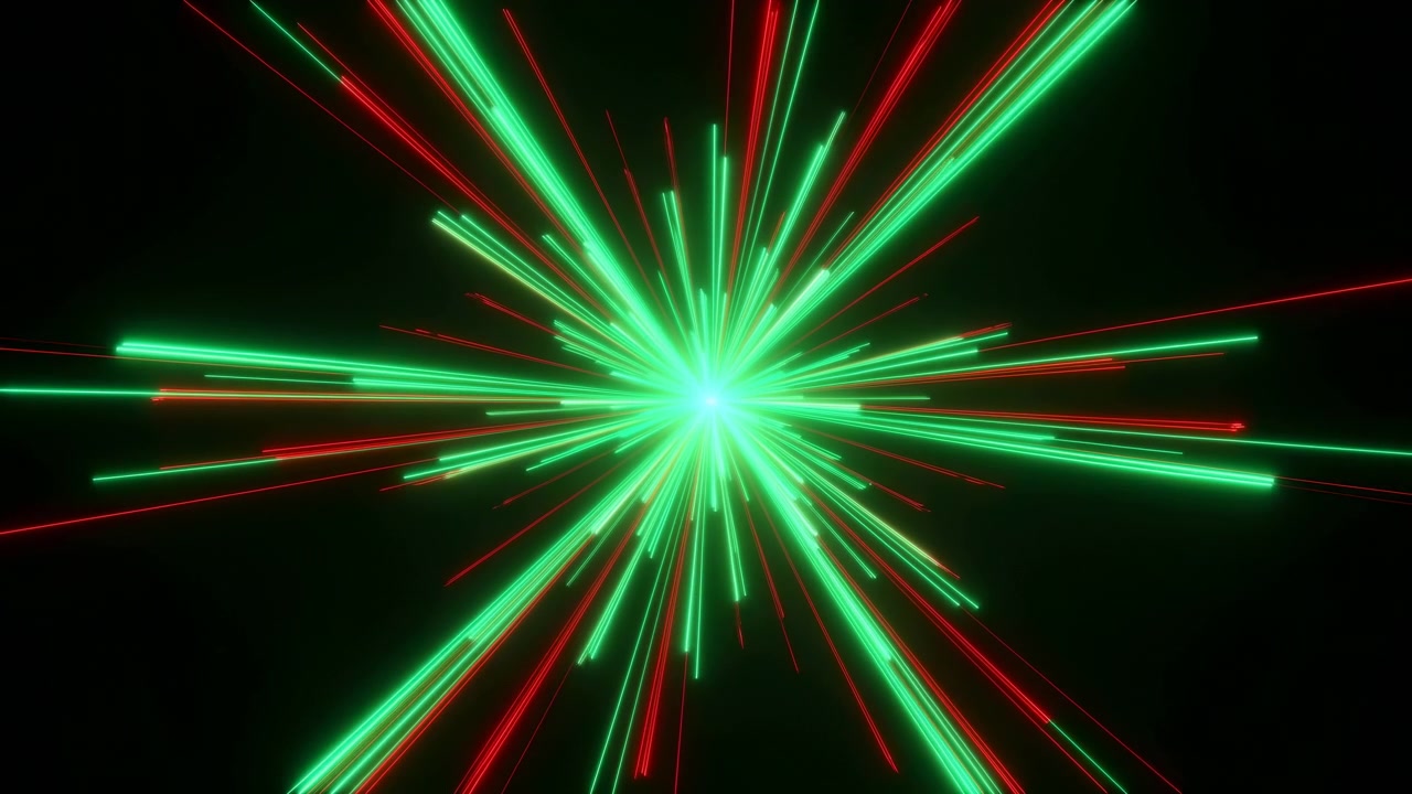 Bright central core sends green and red beams outward in straight radiant lines across deep black background, creating vivid abstract energy, sharp contrast, glowing symmetry, festive futuristic mood